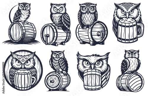 Monochrome vector illustration set showcasing an owl perched on a rustic wooden beer barrel, embodying a vintage inspired logo design perfect for breweries and pubs