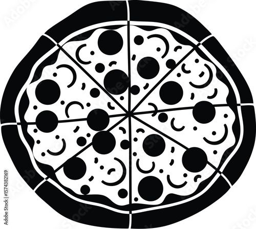 Vector art of a black and white pizza illustration, showcasing a simple yet delicious design