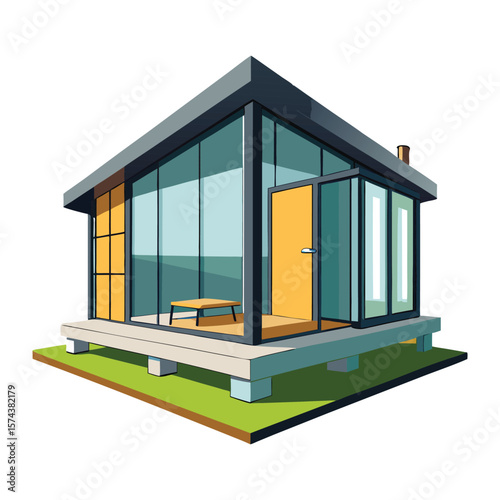 Modern minimalist glass house with open door and wooden deck on stilts