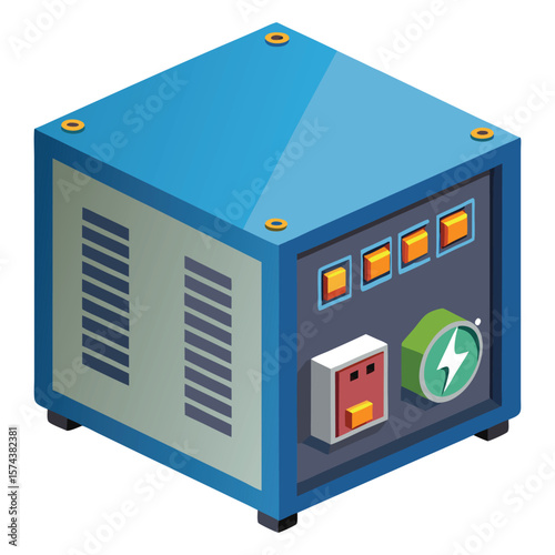 Modern blue electrical power transformer unit with indicator lights and green energy symbol
