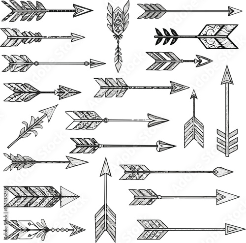 Create a kinds of deferent Decorative arrow sketch. Bohemian style design divider vector art with white background.