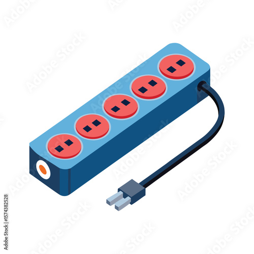 Blue power strip with five red outlets and a black cord with plug