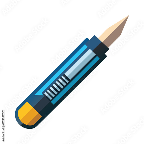 Sharp blue utility knife with a retractable blade and yellow end cap