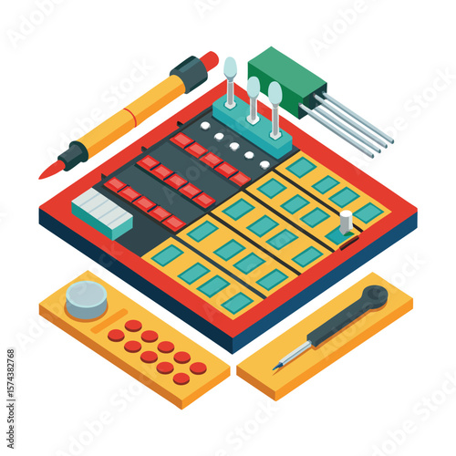 Modern electronic music production workstation with drum pads and synthesizer controls