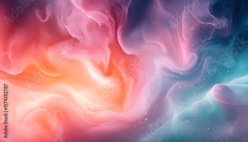 Fluid colors blend, pink, teal, orange.