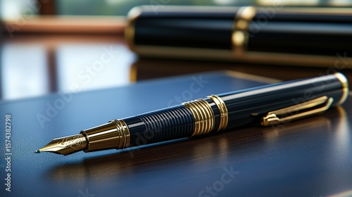 A luxurious fountain pen rests elegantly on a polished wooden desk, showcasing its intricate design and sleek finish, perfect for branding, office decor