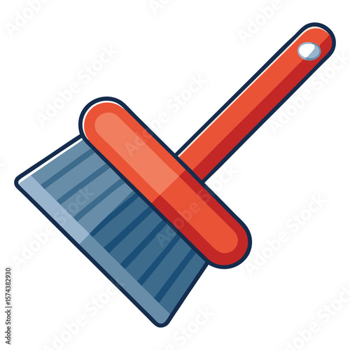 Simple flat illustration of a red and blue dustpan and brush cleaning tool