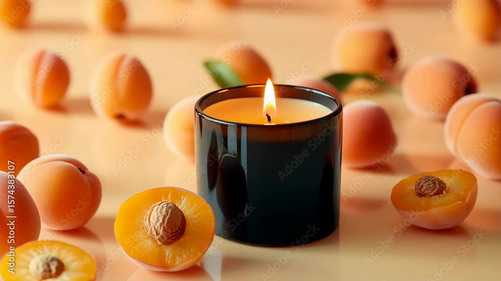 A black candle sits on a table with a bowl of sliced oranges. The candle is lit and the oranges are arranged in a bowl. The scene is warm and inviting