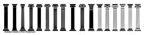 Collection of various classical column styles in vector black and white silhouettes