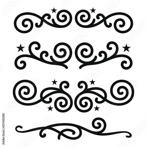 Calligraphy filigree lines Text dividers, vintage Flourishes decorative Scrolls wedding Ornate and stars, fancy elegant page decoration design elements, Header Swirls menu cards Ornamental Border