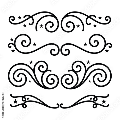 Calligraphy filigree lines Text dividers, vintage Flourishes decorative Scrolls wedding Ornate and stars, fancy elegant page decoration design elements, Header Swirls menu cards Ornamental Border