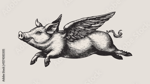 Vintage Flying Pig Woodcut Engraving in Old Black Style
