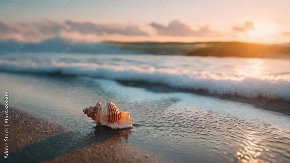 Shell resting on sandy beach at sunset near the ocean waves