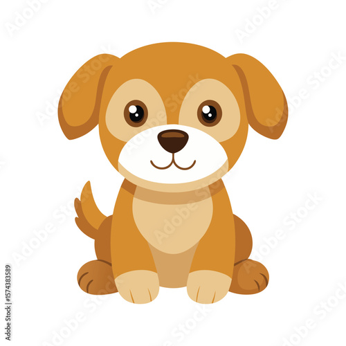 Cute cartoon brown puppy dog sitting and looking forward with big eyes