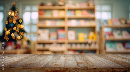 Wooden Table with Blurred Festive Classroom Background with Christmas Tree and Books