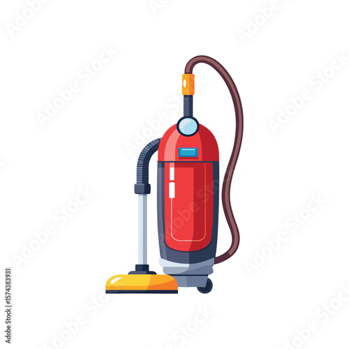 Modern red upright vacuum cleaner with hose and brush head on white background