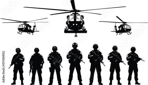 Military helicopters and soldier silhouettes illustration, armed forces tactical scene, battlefield coordination, air and ground teamwork, war vector design, defense operation graphic