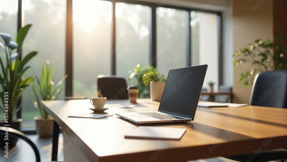 custom made wallpaper toronto digitalModern Office Workspace Laptop Coffee Sunlight Wooden Table