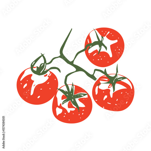 A doodle icon of ripe red tomatoes on a branch. Hand-drawn garden vegetables. Flat vector illustration. Isolated.