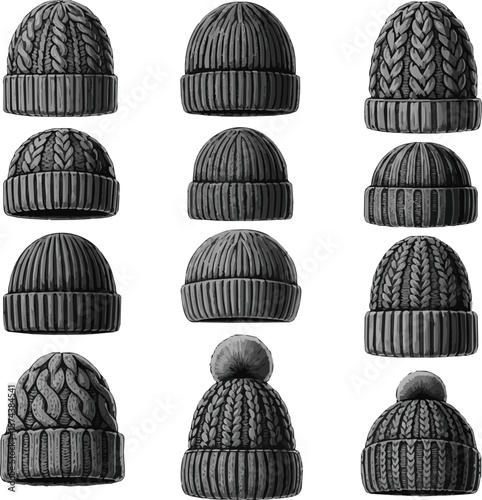 Create a kinds of deferent hat, cap, isolated, clothing, winter, white, fashion, wool, accessory, warm, black,  vector art with white background.