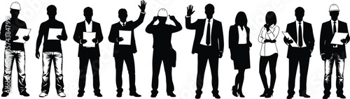 Diverse professionals silhouette illustration, workers in business attire and hard hats, standing poses with documents, industry and office roles concept, black workforce graphic