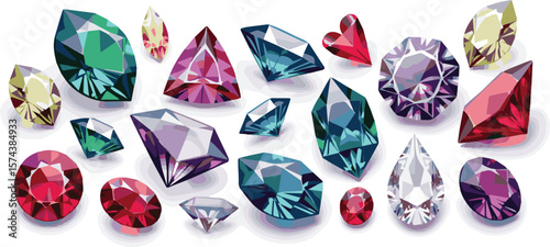 Create a kinds of deferent Gemstones colorful set vector art with white background.