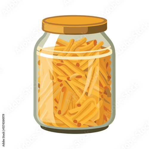 Glass jar filled with dry penne pasta and a golden lid on a white background