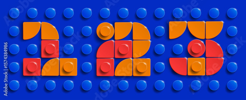 Colorful set of construction brick alphabet letters on a blue brick background. 3d set of letters. Realistic set of letters. 3d letters made from building bricks