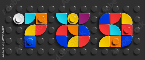 Colorful set of construction brick numbers on a black brick background. 3d set of numbers. Realistic set of numbers. 3d numbers made from building bricks