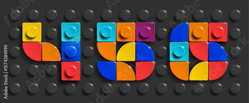 Colorful set of construction brick numbers on a black brick background. 3d set of numbers. Realistic set of numbers. 3d numbers made from building bricks