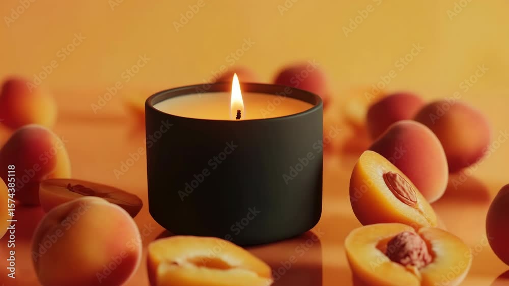 A black candle is lit in front of a pile of oranges. The oranges are cut in half and scattered around the candle. The scene has a warm and inviting atmosphere, with the orange glow of the candle