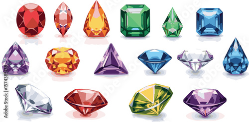 Create a kinds of deferent Gemstones colorful set vector art with white background.
