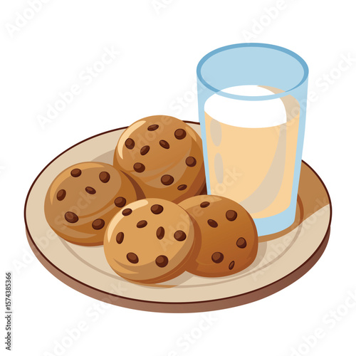 Delicious chocolate chip cookies and cold milk served on a plate