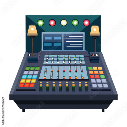 Modern digital audio mixing console with colorful buttons and faders for sound production