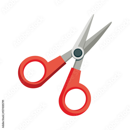Open red handled scissors isolated on white background for cutting and crafting