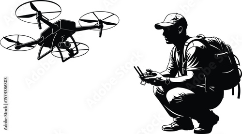 Drone operation silhouette illustration, crouching person with remote, aerial tech activity vector, backpack and gear, modern surveillance, outdoor hobby, black graphic concept