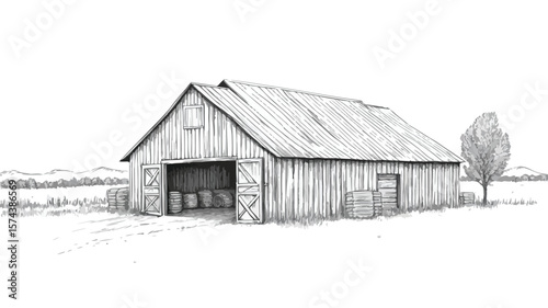 Vintage Hand-Drawn Farm Barn Building Illustration