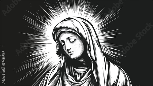 Vintage Woodcut Engraving of Holy Mary - Old Black and White Illustration