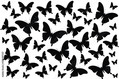 Black Butterfly Silhouettes, Various Sizes Flying on White Background, Butterfly Shapes, Art