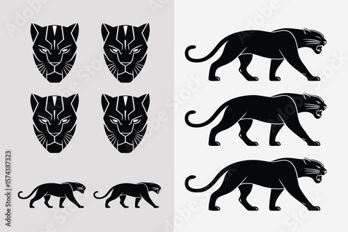 Black Panther Heads and Body Silhouettes in Format on a Gray Background