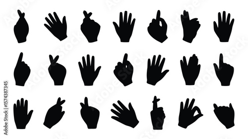 Black Silhouette Hands Illustrating Various Gestures Against a White Background, Demonstrating NonVerbal Communication