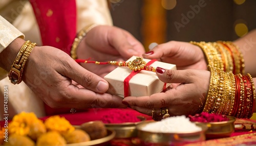Hands exchange a gift, likely Rakhi