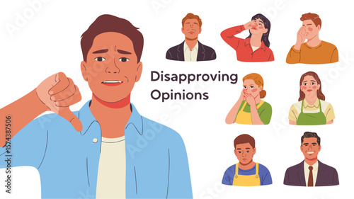 Cartoon Man Thumbs Down with Disapproving Group of People Expressing Negative Opinions