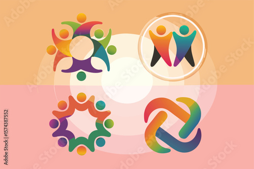 Collection of Colorful Abstract Logos Community, Teamwork, and Unity Representations on Peach Background