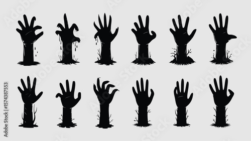 Collection of Halloween Zombie Hands Silhouettes Rising from the Ground on a Light Grey Background
