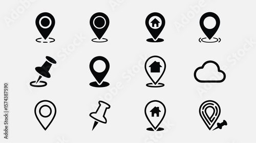 Collection of Location Icons, Map Pointers, Push Pins, Cloud Outline Illustration