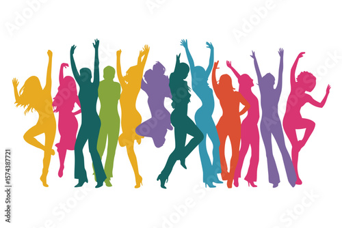 Colorful Silhouettes of Women Dancing with Arms Raised in Joyful Celebration on White Background