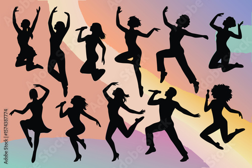 Dancing Silhouettes of Singers Performing on Colorful Background, Stage Art, Expressive Figures