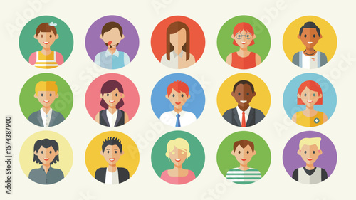 Diverse Group of Flat People Avatars with Varied Professions and Backgrounds Displayed in Circular Frames