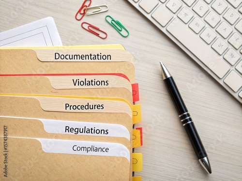 Compliance, Policies, Regulations, Violations, Procedures and Documentation folders on a desk